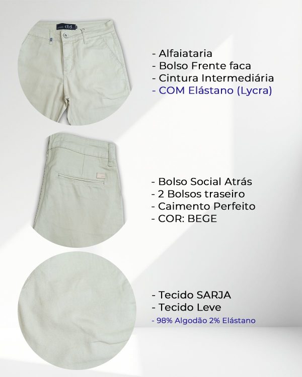 Bermuda Alfaiataria Masculina em Sarja Cor: Bege - Image 3